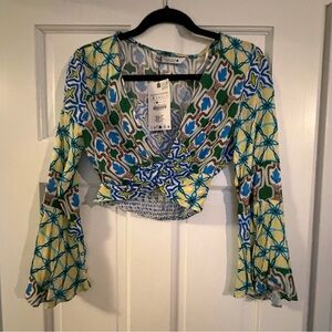NWT Zara Multicolor Silky Geometric Pants & Top with Knot Front